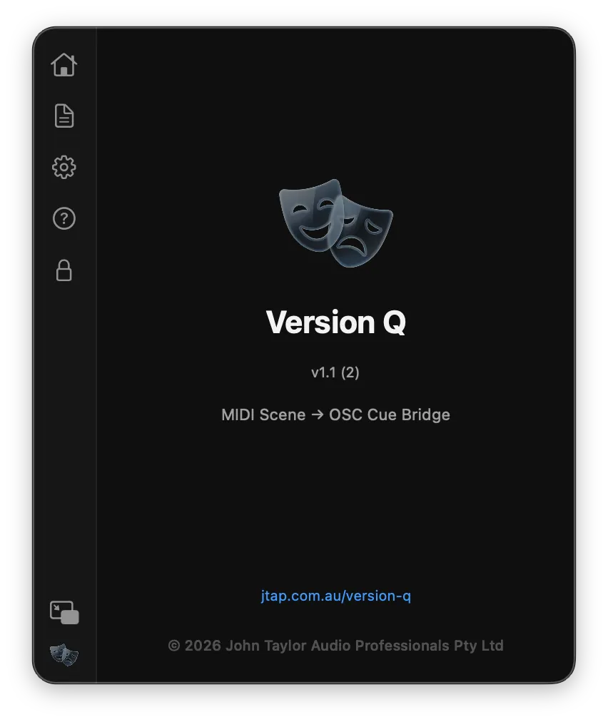 Version Q about screen showing version number, tagline, and link to jtap.com.au/version-q