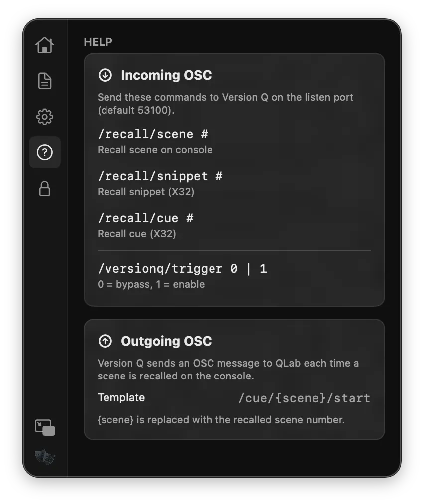 Version Q help tab showing incoming OSC commands /recall/scene, /recall/snippet, /recall/cue, /versionq/trigger and outgoing OSC template