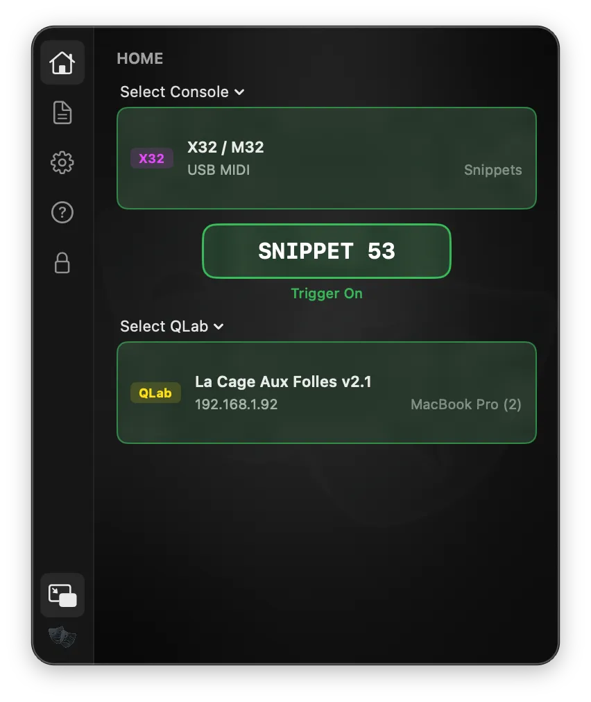 Version Q home screen showing connected console, QLab workspace, and current snippet