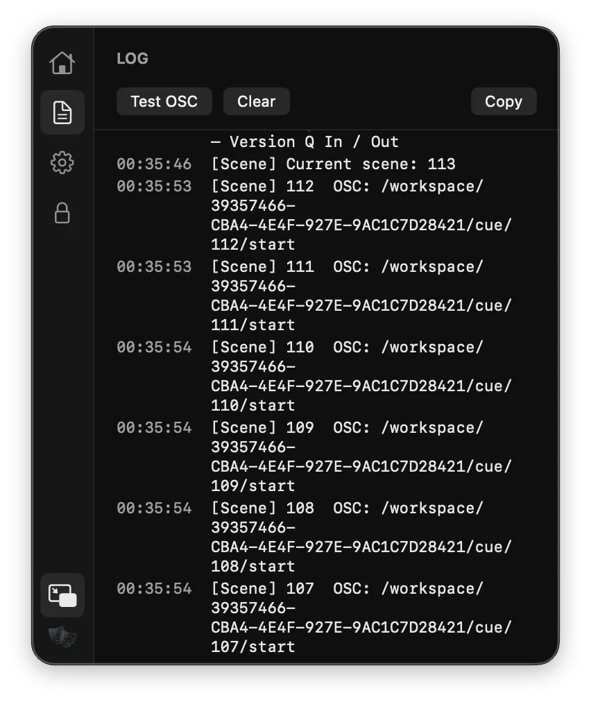 Version Q log view showing live OSC traffic in and out