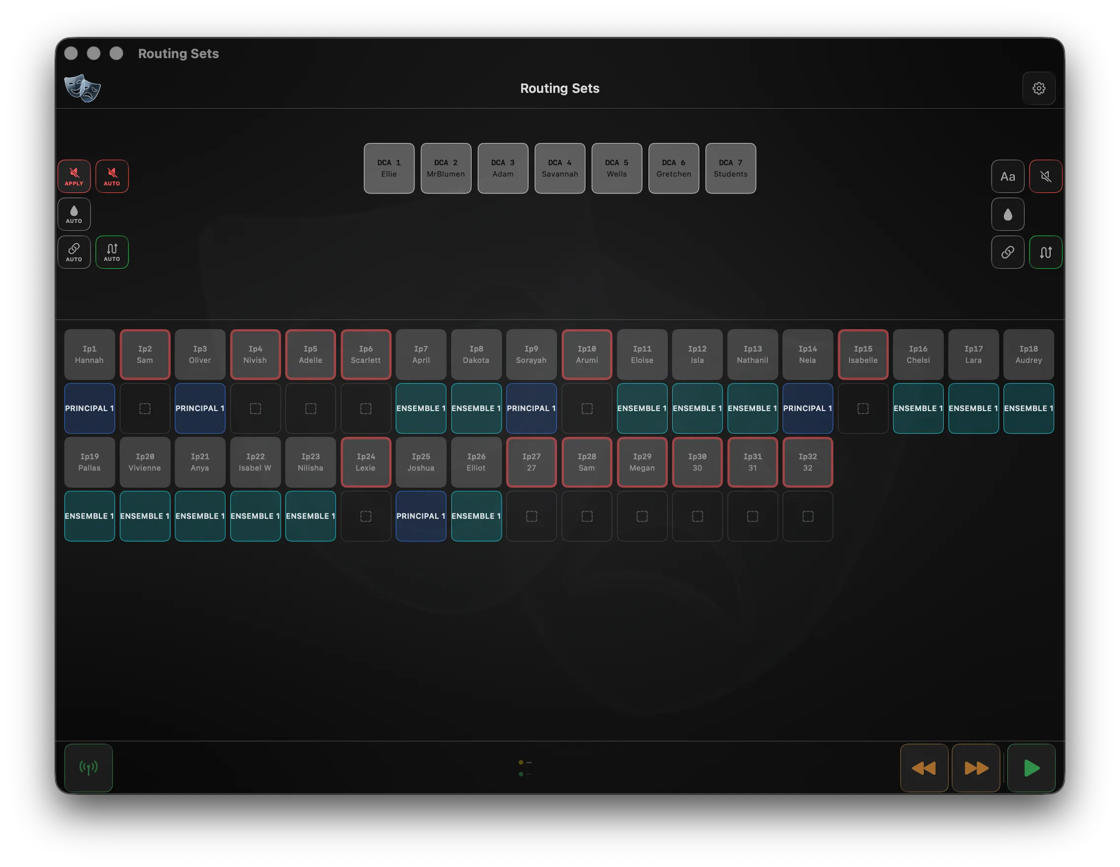 Version T Routing Sets screen showing DCA groups above and a grid of input routing assignments below