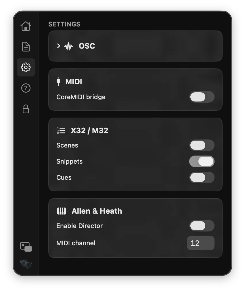 Version Q settings showing OSC, CoreMIDI bridge, X32 / M32 scenes / snippets / cues toggles, and Allen & Heath Director options