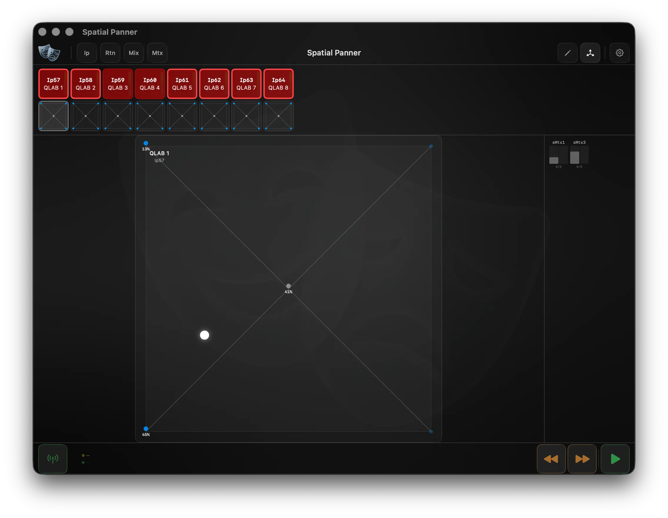 Version T Spatial Panner showing a grid canvas with output, split, mute, and sum nodes linked by triangle routing connections